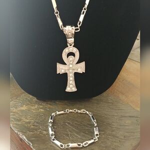Elegant Silver Cz Ankh Pendant Necklace and Bracelet Set